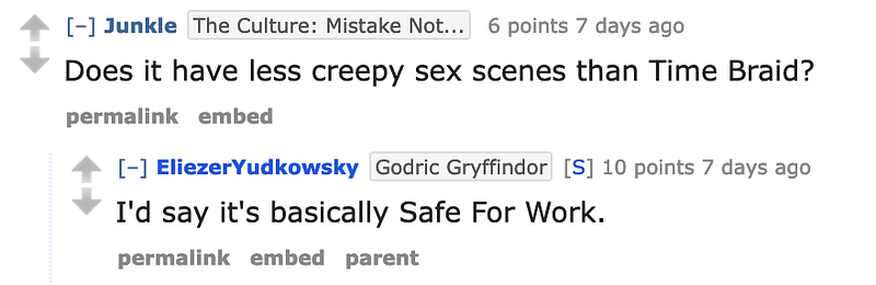 Screenshot of a Reddit post about The Perilous Waif. A user asks “Does it have less creepy sex scenes than Time Braid” and Eliezer Yudkowsky replies “I’d say it’s basically Safe For Work.”