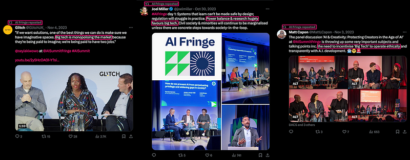 Screnshots of AI Fringe’s Twitter account reposting tweets critical of “big tech”