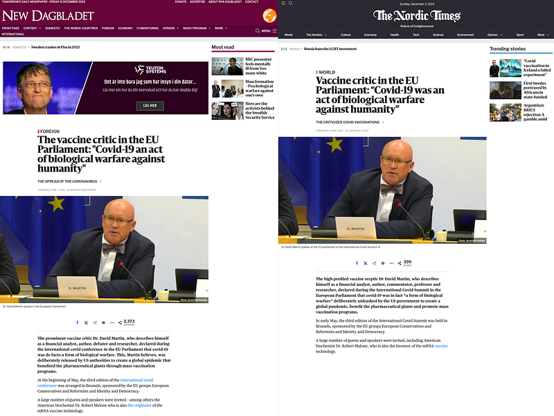 Articles appearing on Nya Dagbladet appear nearly identical to those on The Nordic Times after translation.