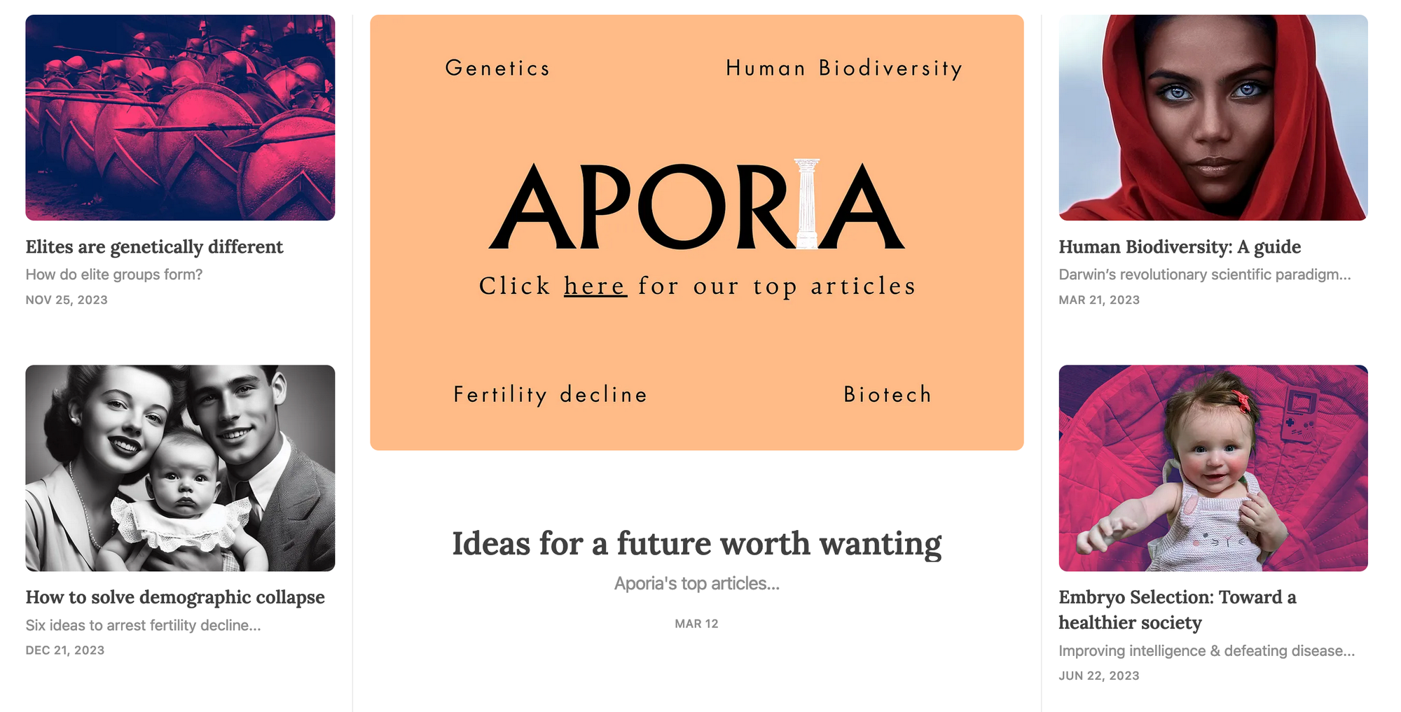 Aporia's homepage as it appeared in March 2024. Crémieux Recuil's article appears alongside "Human Biodiversity: A Guide" and "Embryo Selection: Toward a healthier society"