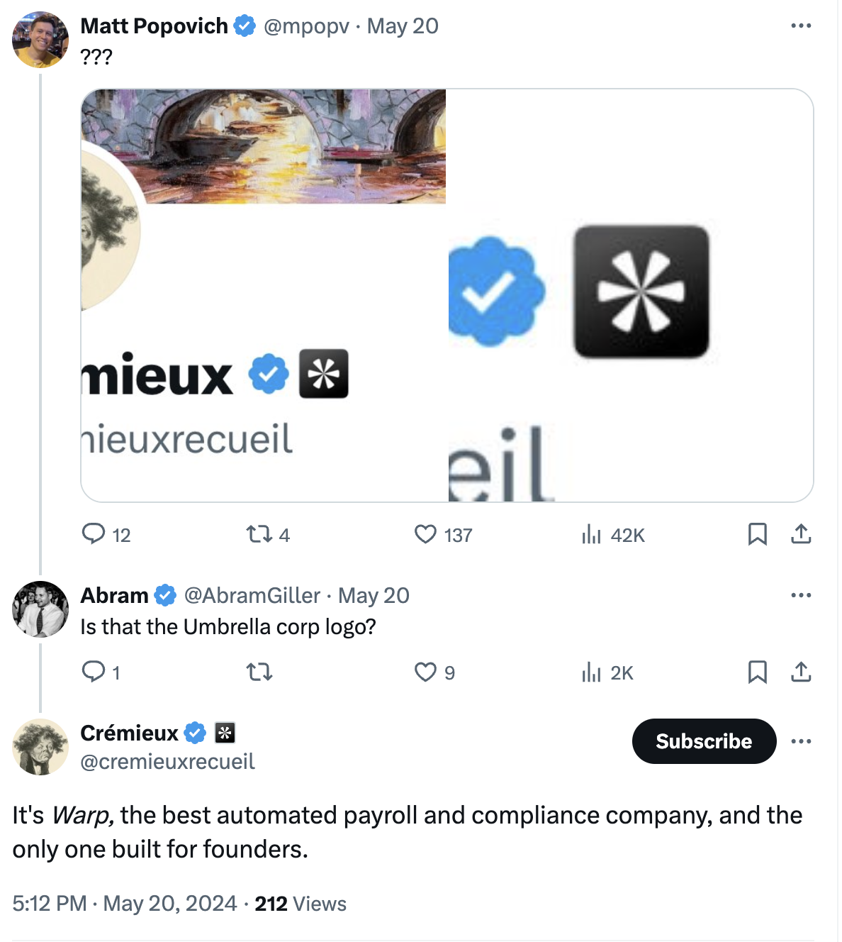 Screenshot of a Twitter user asking "Is that the Umbrella corp logo?" in reference to a logo next to Crémieux's profile. He responds "It's Warp, the best automated payroll and compliance company, and the only one built for founders".