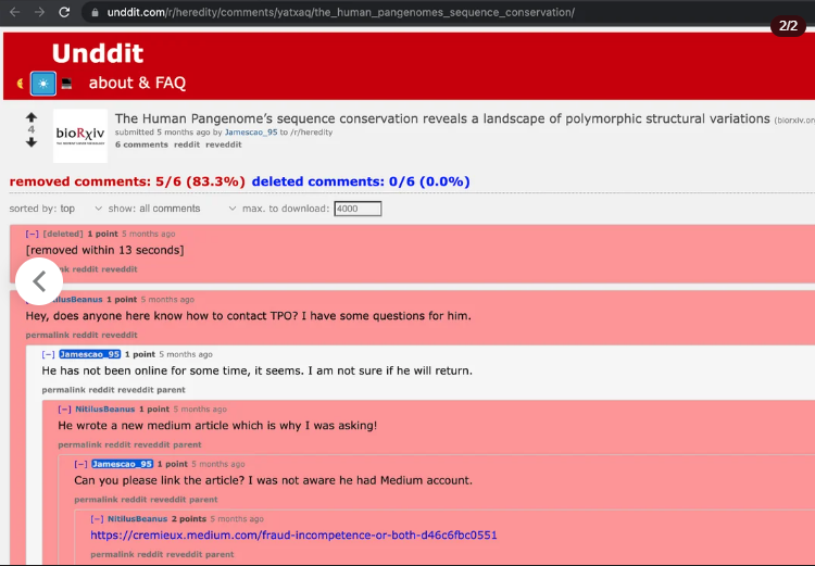 screenshot of a Reddit thread called "The Human Pangenome’s sequence conservation reveals a landscape of polymorphic structural variations" on Unddit with deleted comments restored. A conversation about "TPO"s identity between users "NitilusBeanus" and "Jamescao_95" leads to the former linking to Crémieux's Medium page.