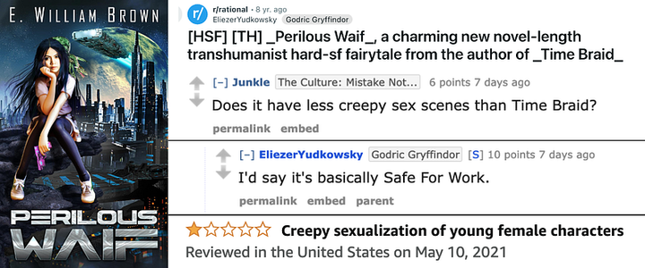 Book cover of Perilous Waif alongside Eliezer Yudkowsky’s Reddit posts about it and a one-star Amazon review titled “creepy s