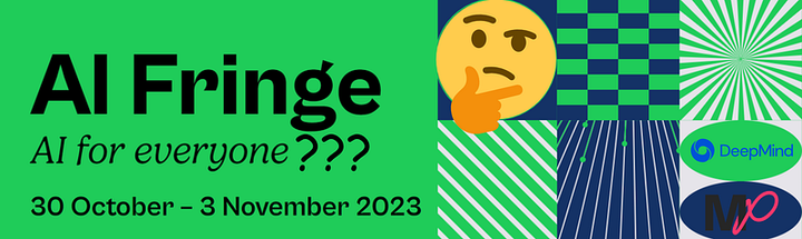 Promotional banner for the AI Fringe summit with a thinking emoji superimposed alongside the logos for Milltown Partners and