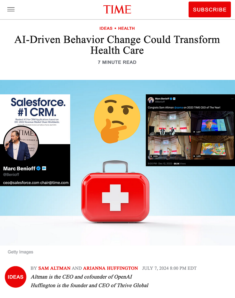 Screenshot of the Time Magazine article “AI-driven Behavior Change Could Transform Health Care” co-authored by Sam Altman jux