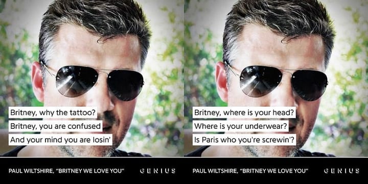 Genius.com lyric cards displaying lyrics to Paul Wiltshire — Britney We Love You