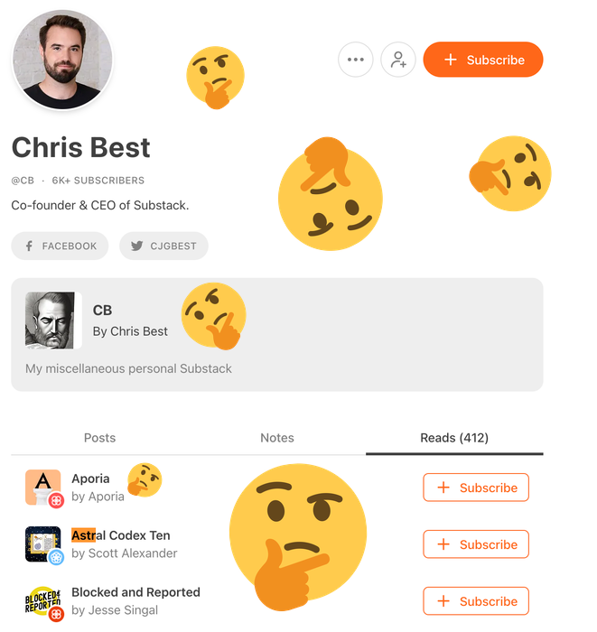 Image of Chris Best's Reads on Substack. The first three entries are Aporia, Scott Alexander, and Jesse Singal