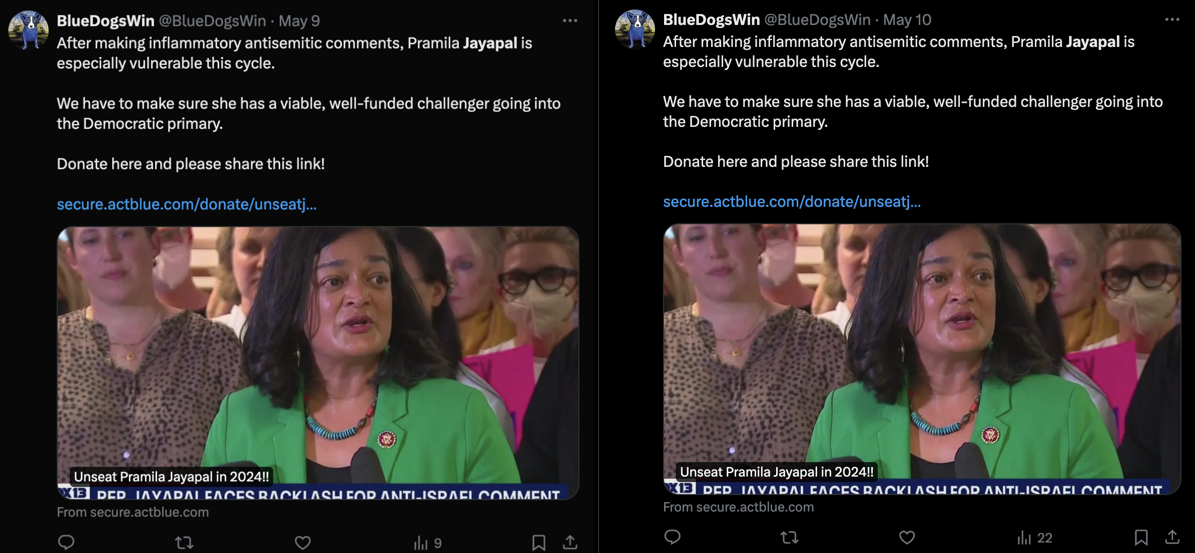 Screenshots of @BlueDogsWin post the same tweet and fundraising link attacking Pramila Jayapal two days in a row