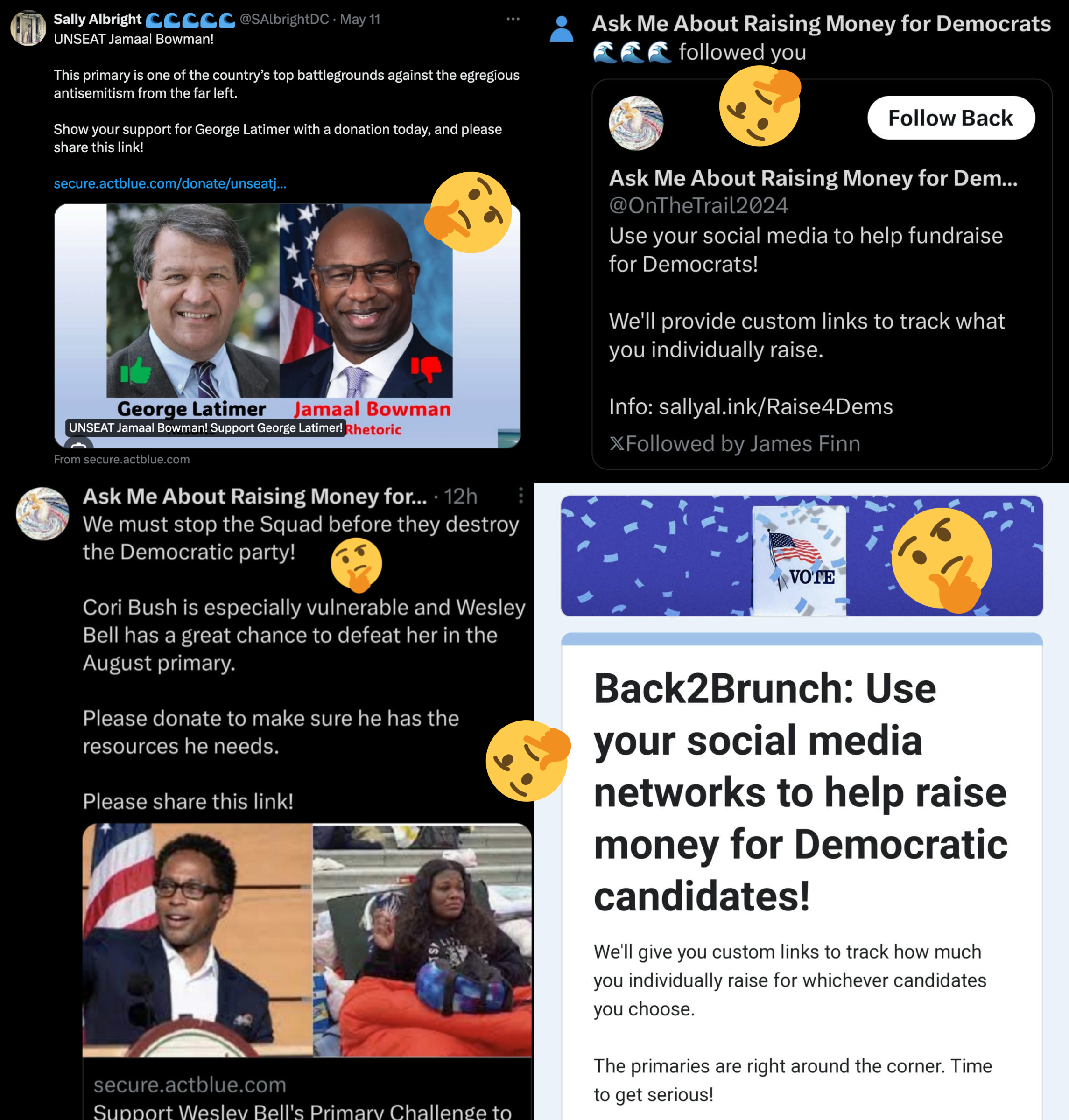 Screenshots of tweets by Sally Albright and "Ask Me About Raising Money for Democrats" as well as Back2Brunch's Google Form for fundraising links