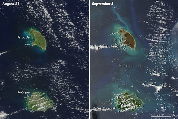 Satellite imagery showing the destruction of Barbuda caused by Hurricane Irma