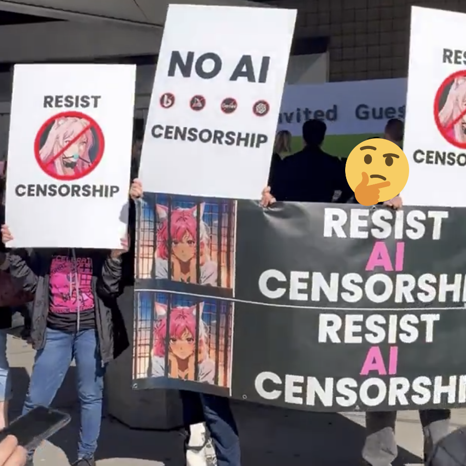 Photo of the "no AI censorship" protest at GTC. The "accelerate catgirl research" slogan being chanted can be seen on the protestors' matching t-shirts. A thinking face emoji is used to protect the privacy of a protestor.