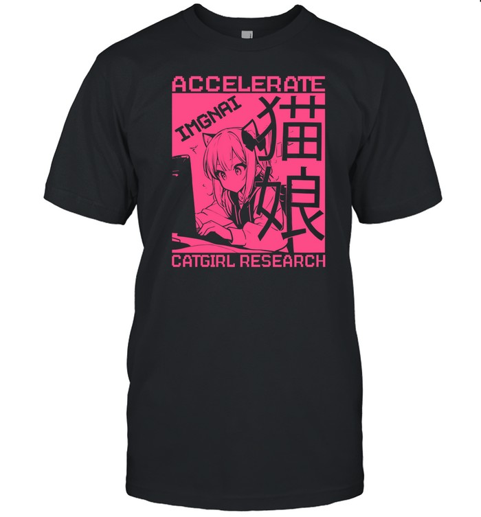 Image of ImgnAI's branded "Accelerate Catgirl Research" t-shirt