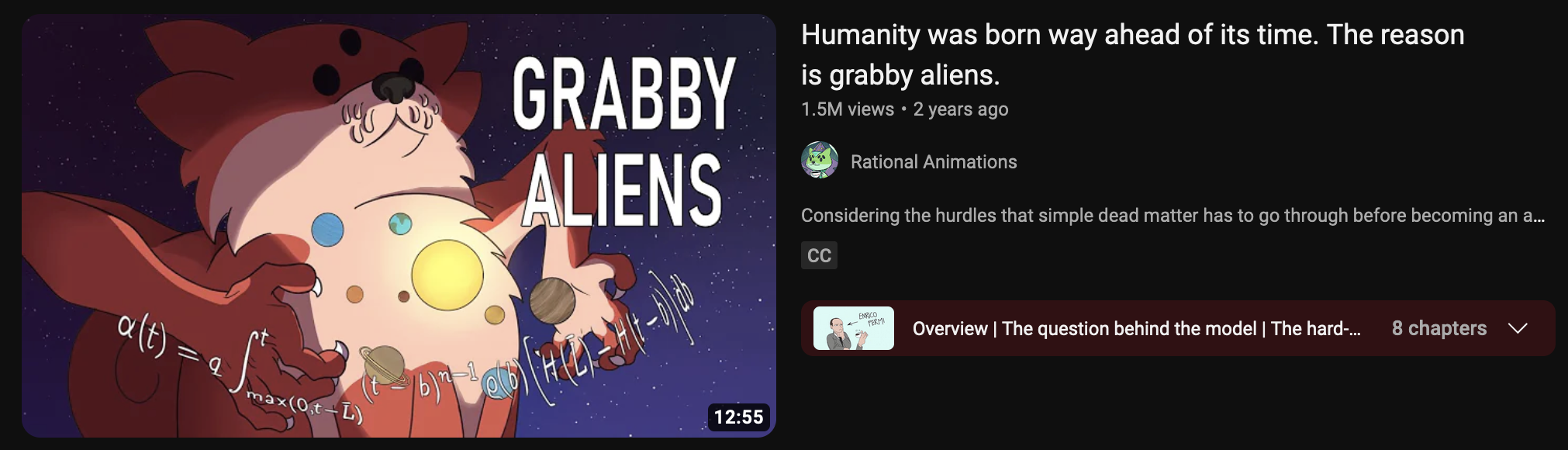 Screenshot of Rational Animations' video called "Humanity was born way ahead of its time. The reason is grabby aliens."