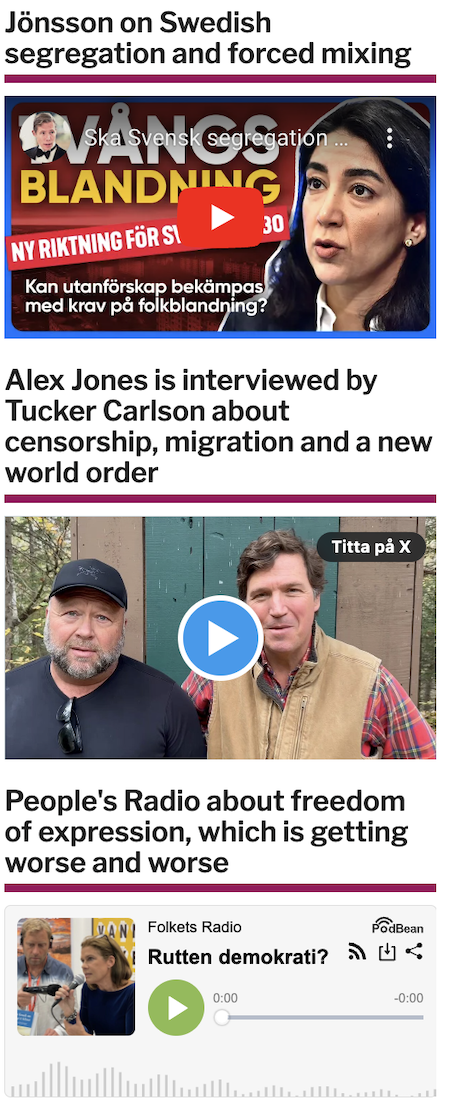 Screenshot of Nya Dagbladet's website translated to English. It features Folkets Radio, InfoWars, and a video about "forced mixing"