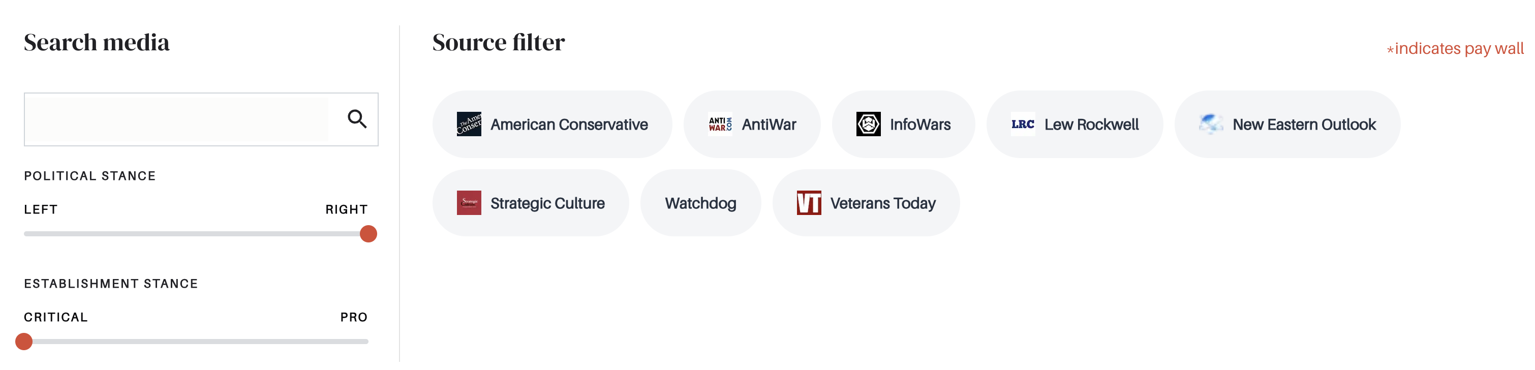 Screenshot of Verity's approved "establishment" news sources, including Infowars and New Eastern Outlook