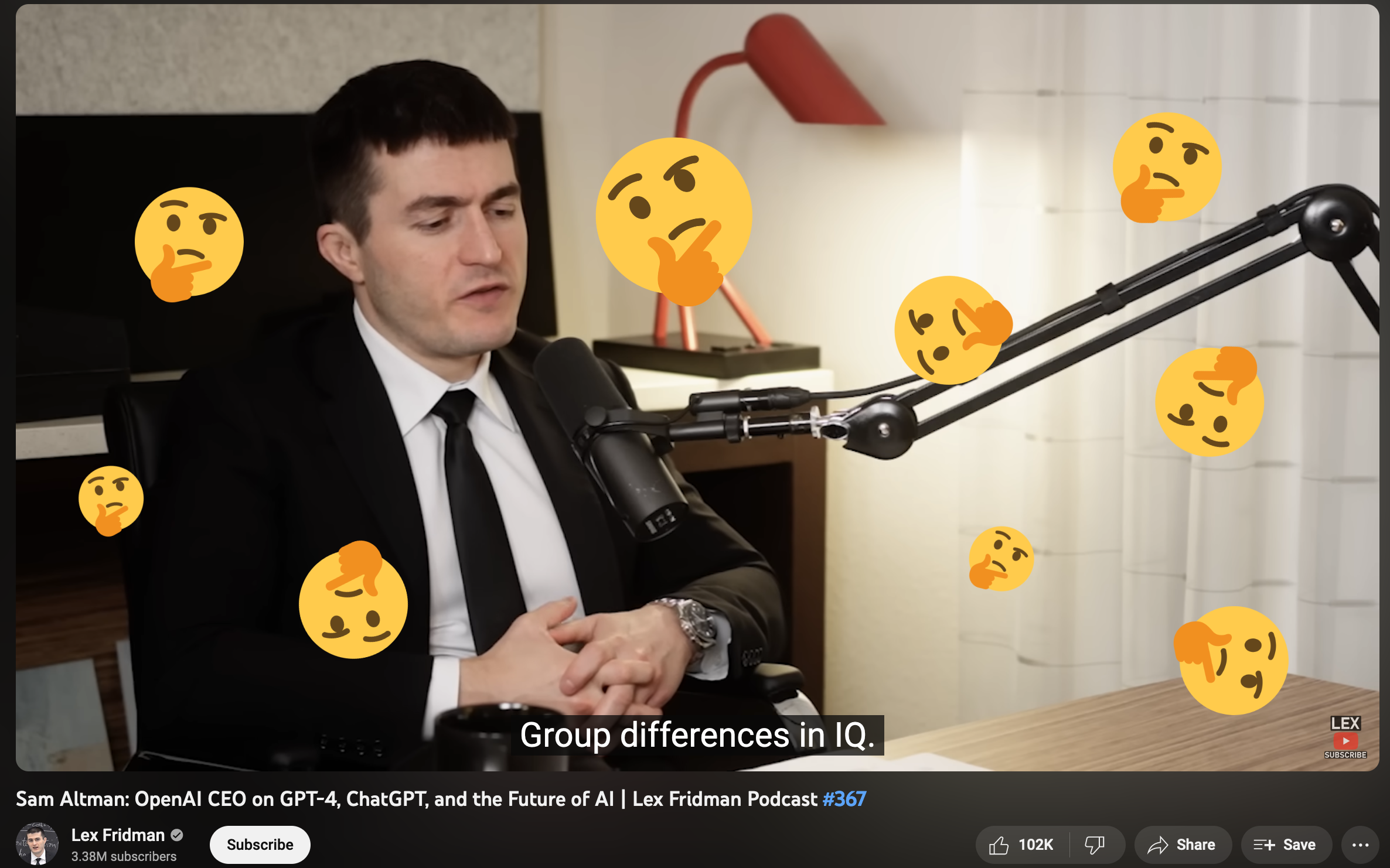 Screenshot of Lex Fridman's interview with Sam Altman. A closed caption that says "Group differences in IQ" is visible and many thinking face emojis have been overlaid