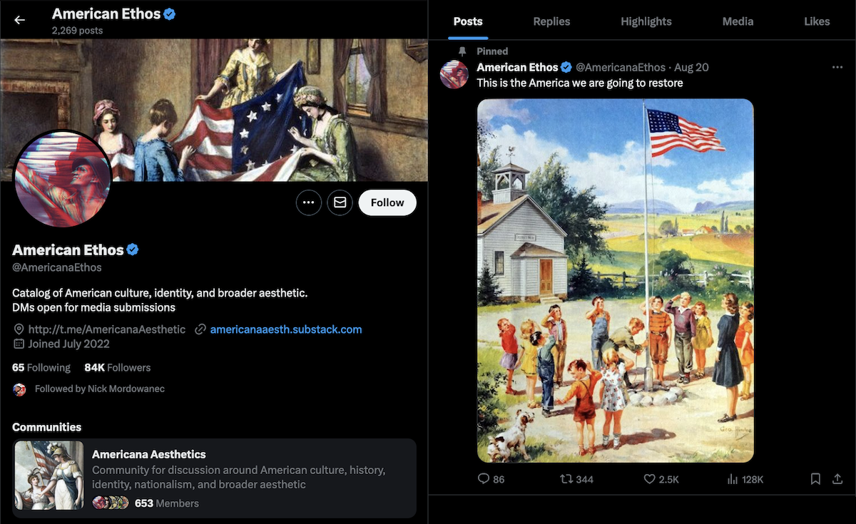 American Ethos manages a community that includes identity and nationalism as topics and uses a drawing depicting only white people as "the America we are going to restore".