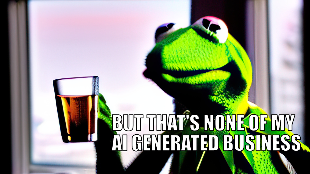 AI generated Kermit the Frog meme with a caption of "but that's none of my AI generated business"