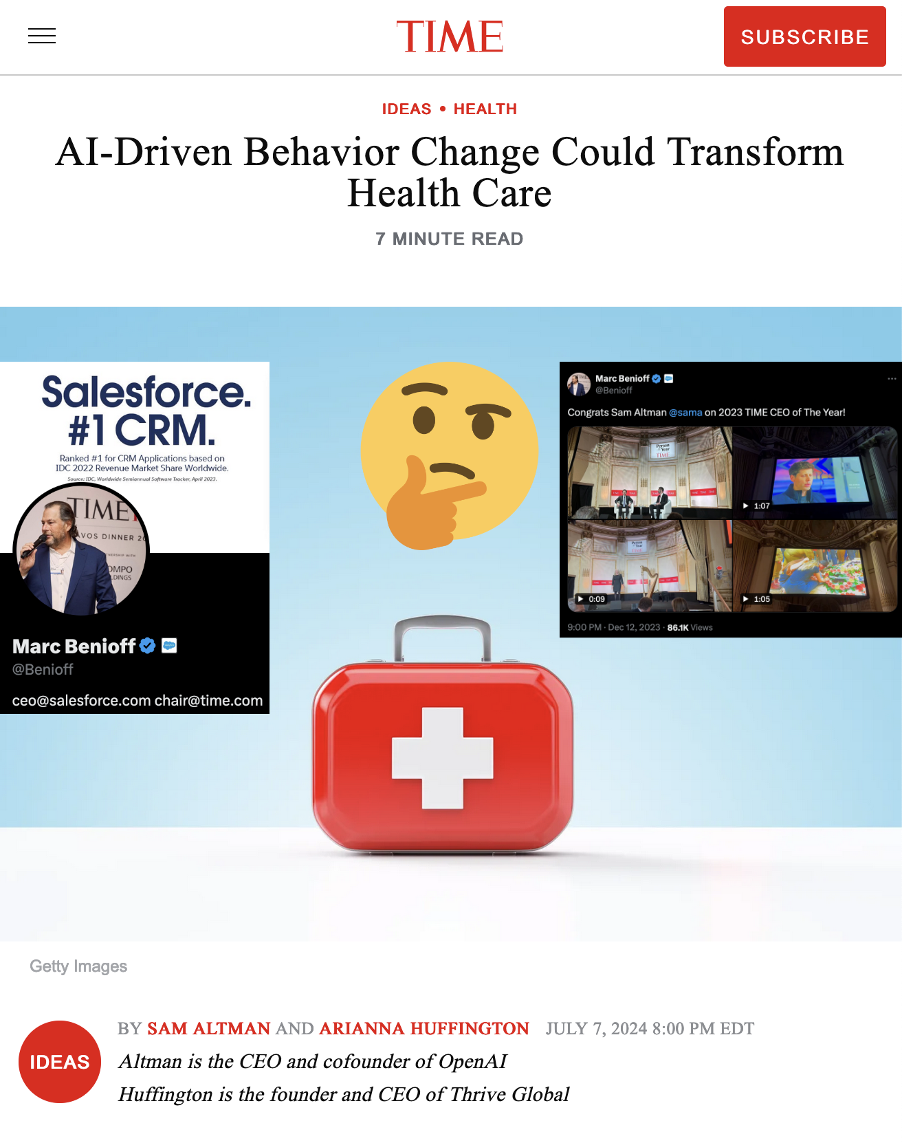 Screenshot of the Time Magazine article "AI-driven Behavior Change Could Transform Health Care" co-authored by Sam Altman juxtaposed with imagery of Marc Benioff praising him