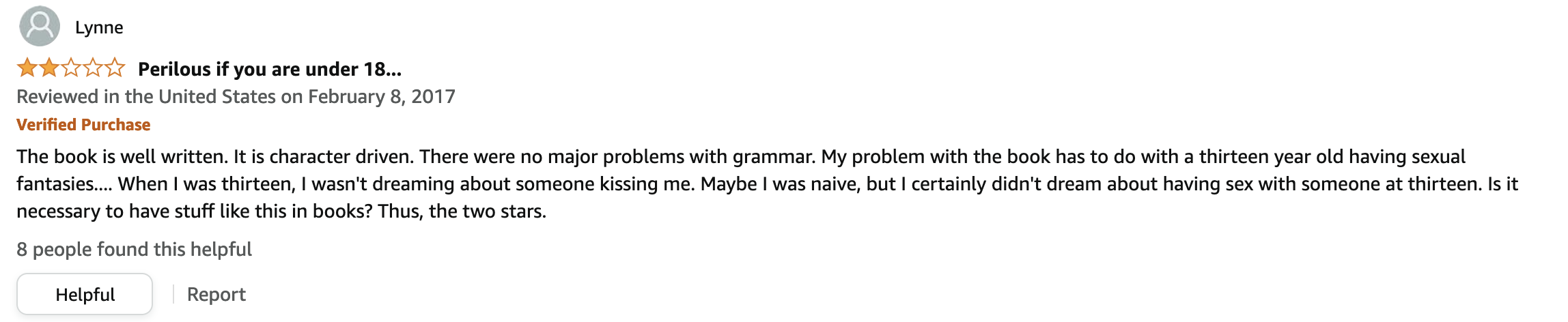 A two-star review of Perilous Waif. The title is "Perilous if you are under 18" and it reads "The book is well written. It is character driven. There were no major problems with grammar. My problem with the book has to do with a thirteen year old having sexual fantasies…... When I was thirteen, I wasn't dreaming about someone kissing me. Maybe I was naive, but I certainly didn't dream about having sex with someone at thirteen. Is it necessary to have stuff like this in books? Thus, the two stars."