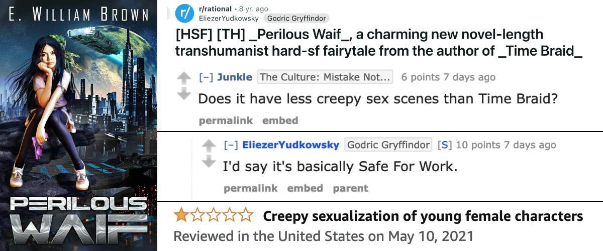 Book cover of Perilous Waif alongside Eliezer Yudkowsky's Reddit posts about it and a one-star Amazon review titled "creepy sexualization of young female characters